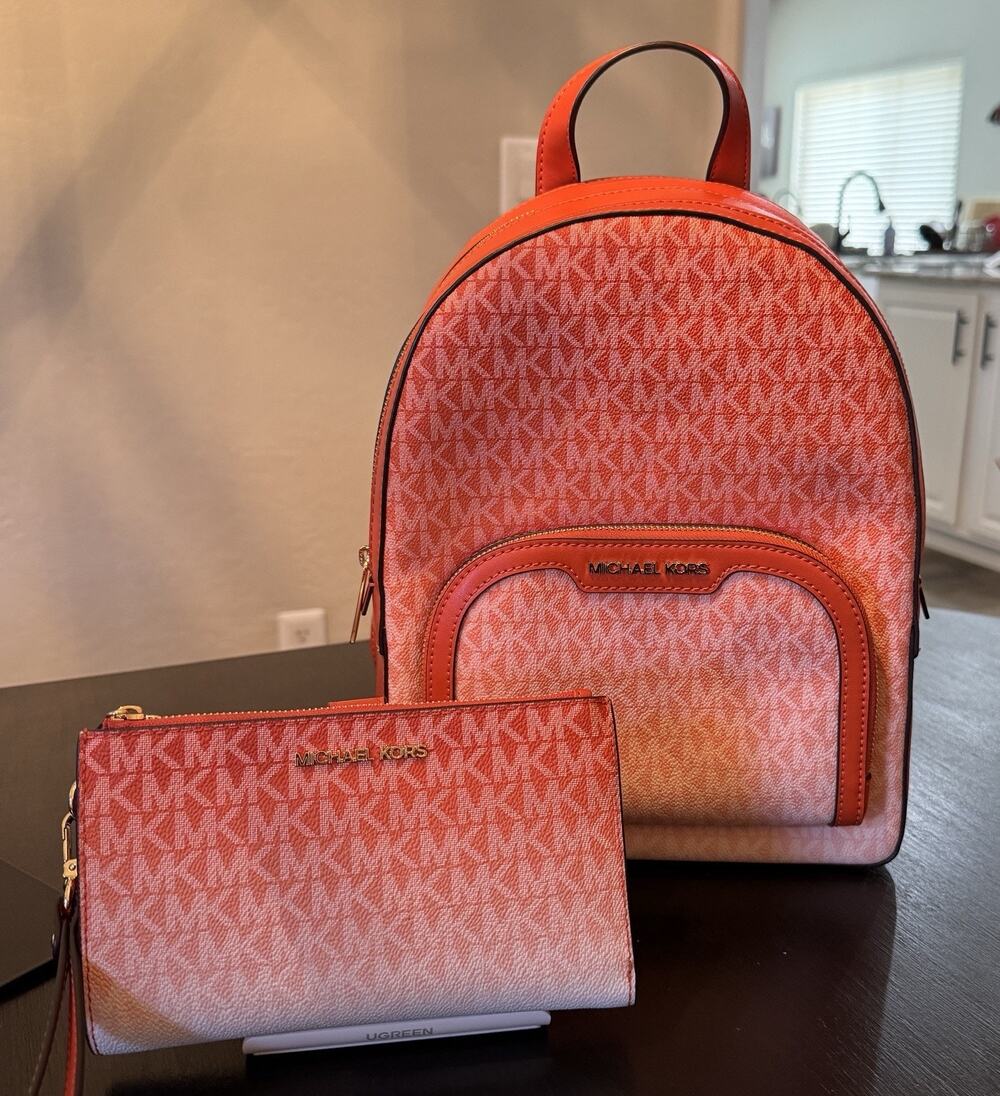 NWOT Michael Kors Jaycee Ombré Signature Logo Backpack Wallet Red Clay Gradient